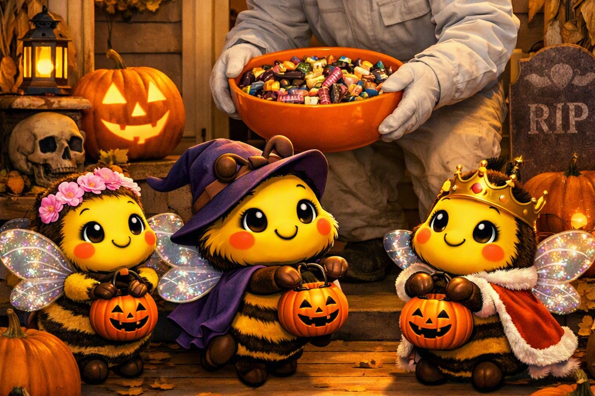 A friendly beekeeper hands a bowl of candy to three tiny bees in Halloween costumes