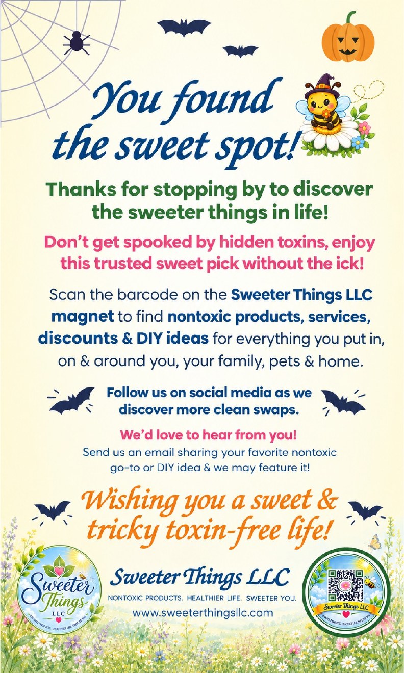 Sweeter Things LLC thank-you card reading You found the sweet spot, with a witchy bee, Halloween bats and pumpkin, and the website www.sweeterthingsllc.com